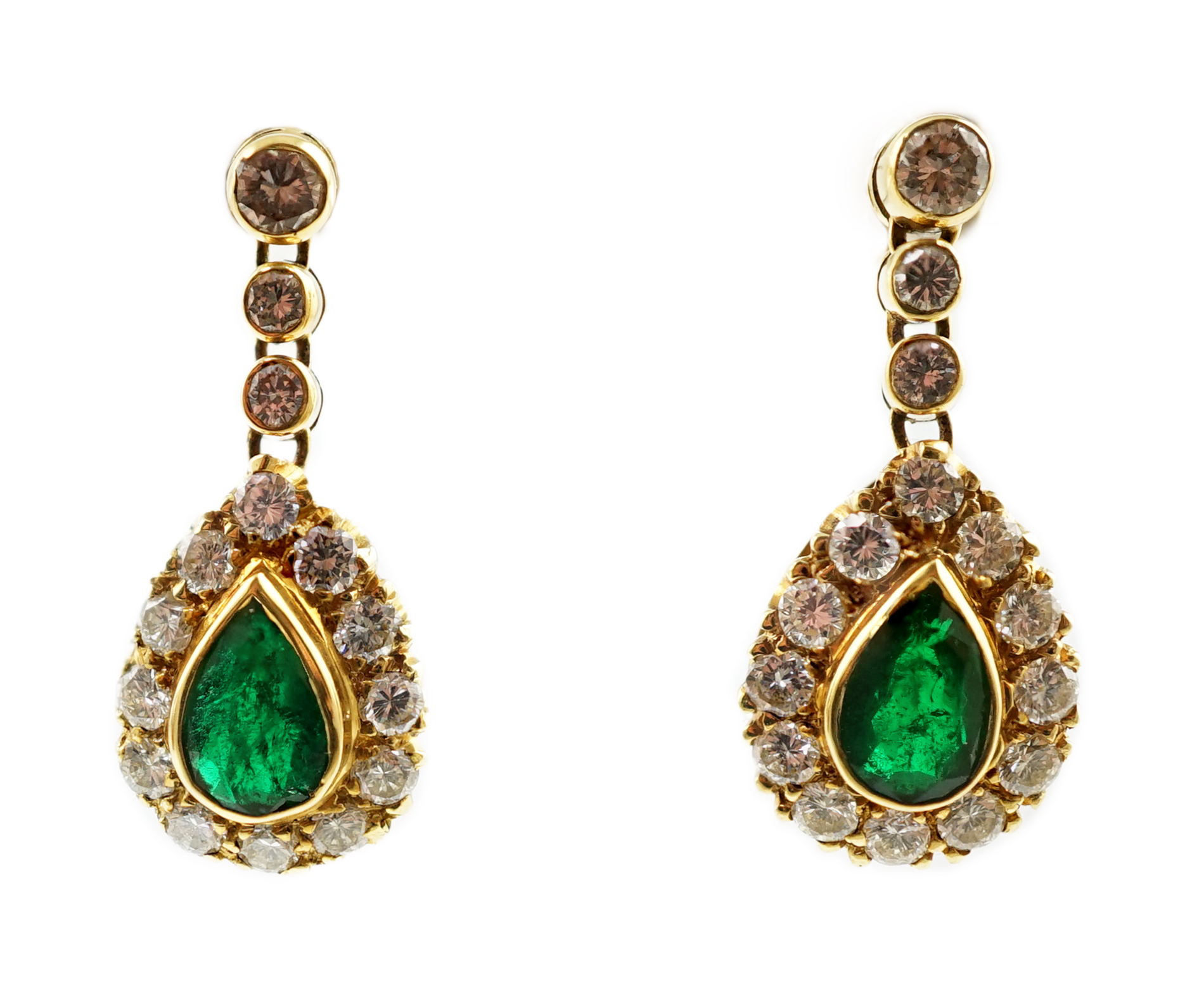 A modern pair of 18ct gold, emerald and diamond cluster set pear shaped drop earrings